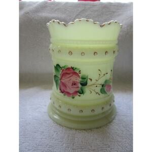 Jefferson Glass? Beautiful 4 1/2" custard glass jar, three mold mks, gold trim